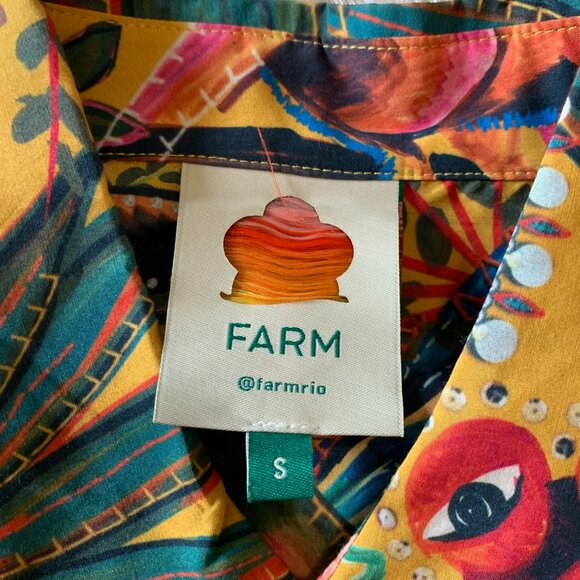 FARM Rio Button Up Short Sleeve Sz S Yellow Tropical Print Novelty Monkey Floral - Picture 5 of 7
